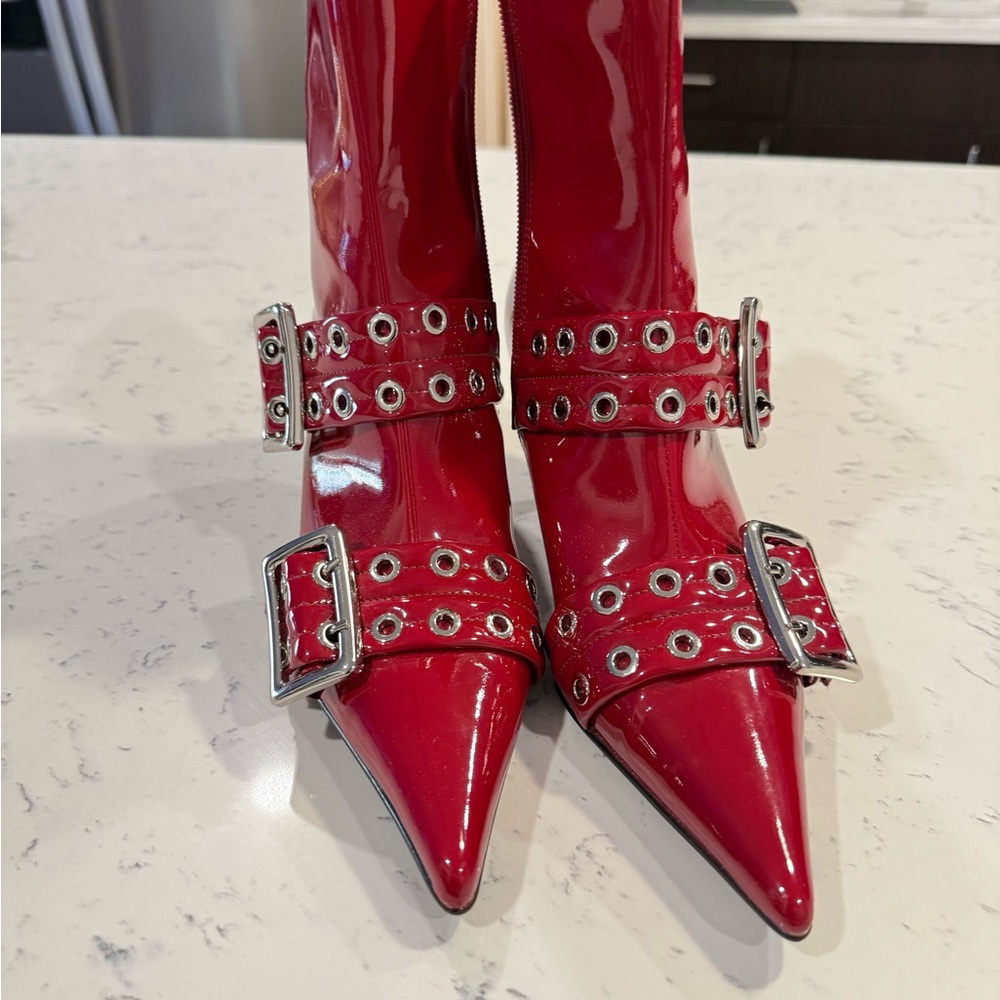 Jeffrey Campbell up-2-date red patent leather pointed toe bootie with buckle